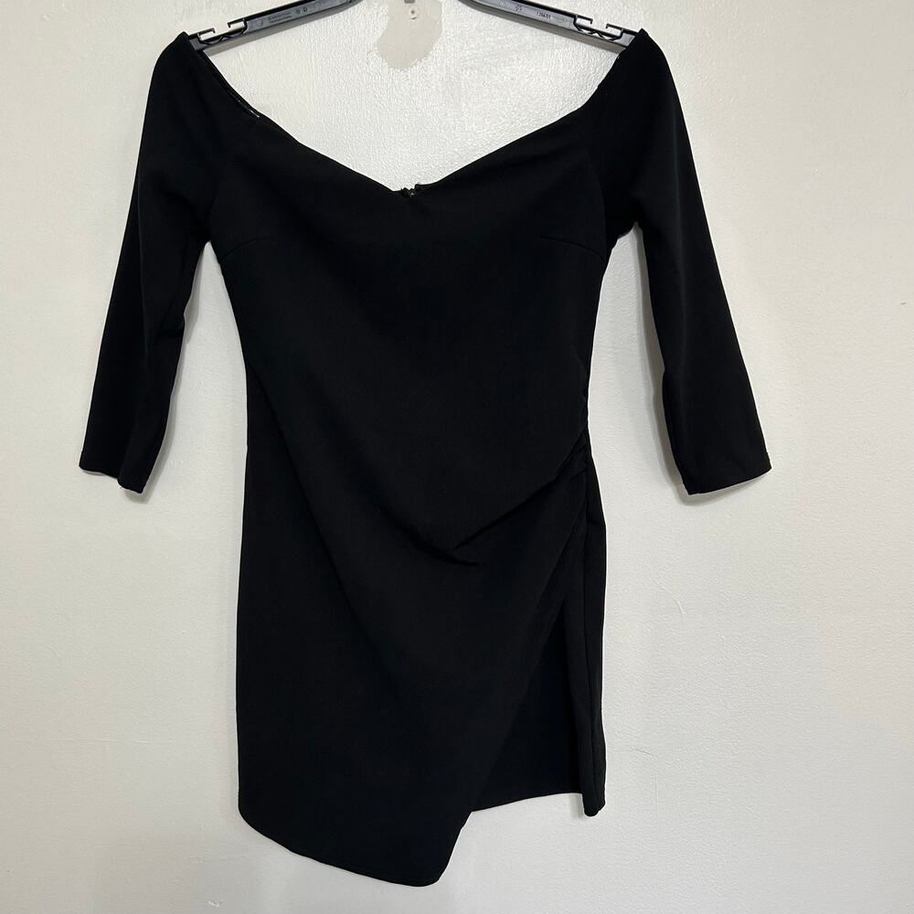 Lulus Black Ruched Asymmetrical Hem Long Sleeve Dress Large